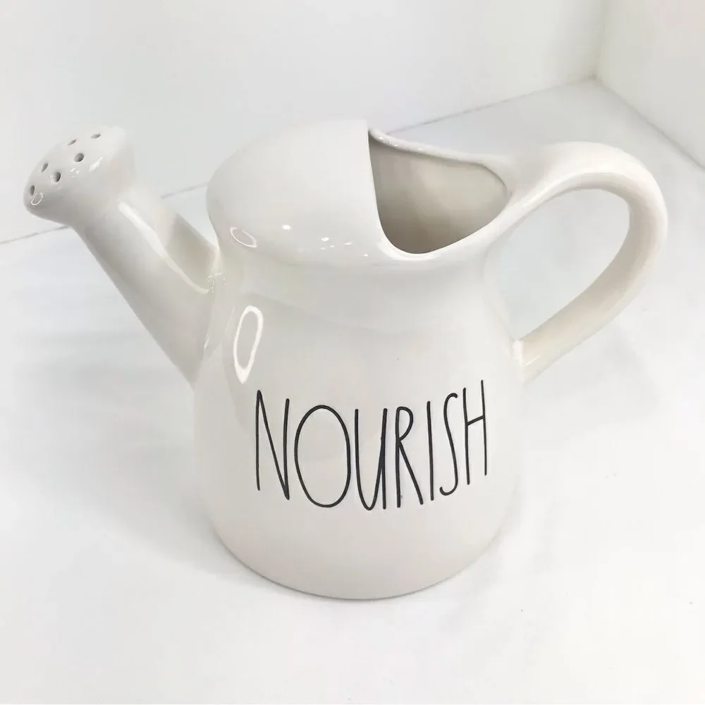 Rae Dunn Nourish White Black Ceramic Watering Can Vase